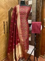 Pure Chanderi Maroon Casual Wear Weaving Dress Material